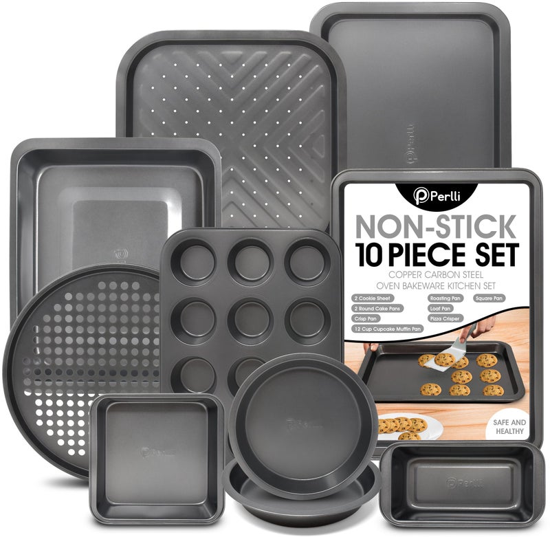 Perlli Baking Pan 10 Piece Set Nonstick Carbon Steel Gray Oven Bakeware Kitchen Set, 2 Cookie Sheets, 2 Round Cake Pans, Square Pan, Roasting Pan, Loaf Pan, Crisp Pan, Pizza Crisper, & Muffin Pan - Image 1